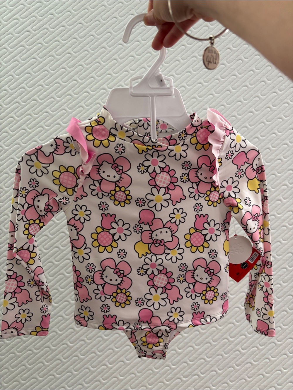 Hello Kitty Pink Floral Long Sleeve Swim Rashguard with Ruffle Shoulders